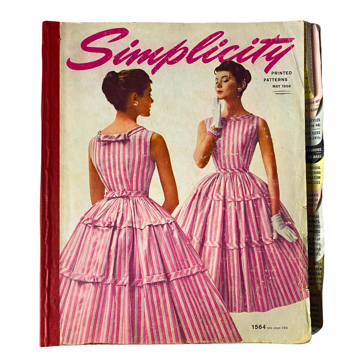 1956 May Simplicity Sewing Pattern Catalog cover featuring a vintage fashion illustration of two women wearing striped dresses, showcasing mid-century style and elegance.