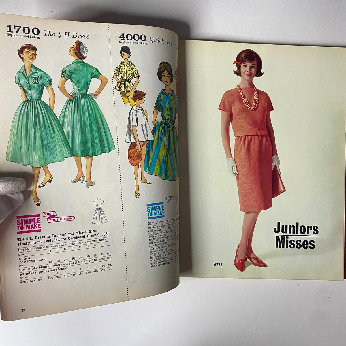 Interior page of the 1962 Simplicity Spring Summer School Catalog featuring a variety of dress patterns and detailed garment descriptions.