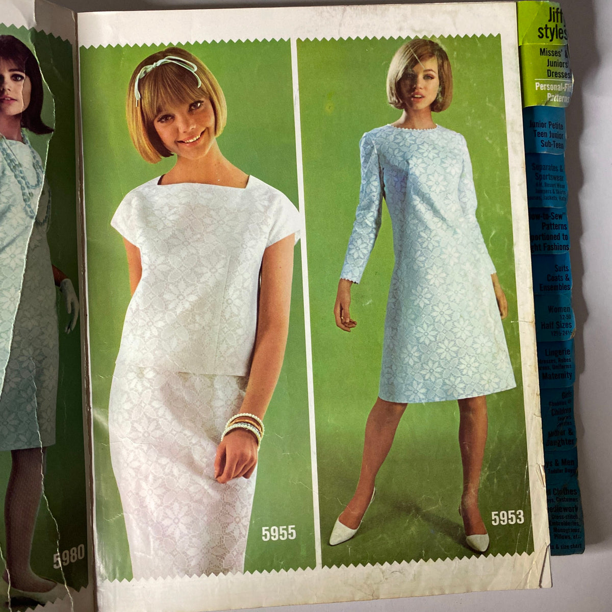 Inside page of the 1965 May Simplicity Catalog showcasing two models in stylish blue dresses, featuring pattern numbers 5955 and 5953.