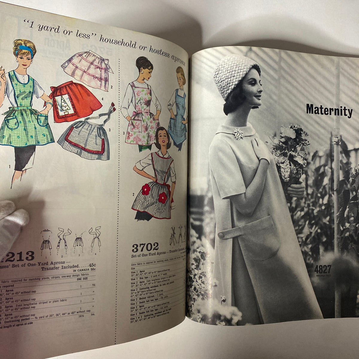 1965 May Simplicity Catalog sewing pattern page displaying designs for hostess aprons and maternity wear, featuring vintage illustrations and a stylish model.