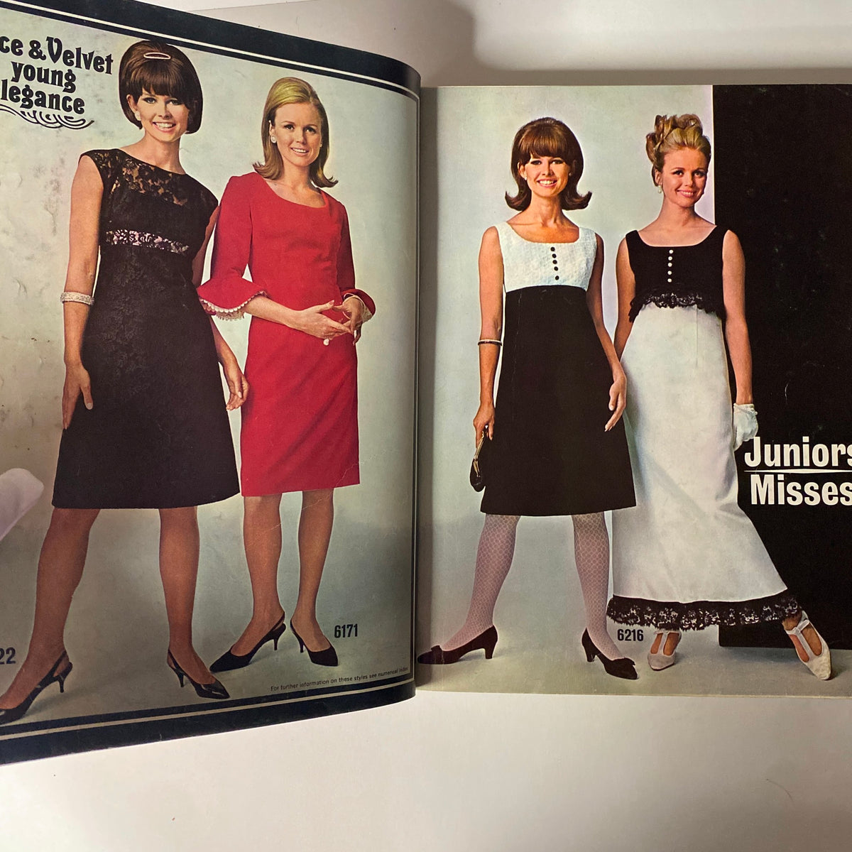 Colorful fashion spread from the 1965 December Simplicity Christmas Catalog, displaying elegant dresses for young women, designed for holiday and evening occasions.