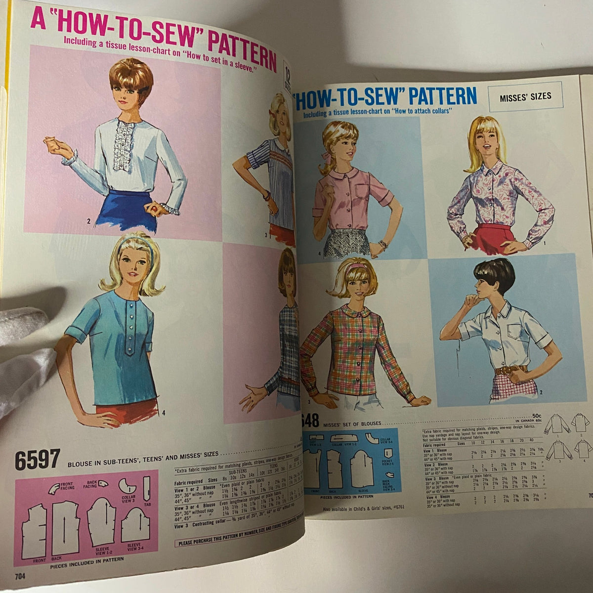 1967 January Simplicity Catalog featuring a 'How-to-Sew' section with illustrated blouse patterns for misses, demonstrating classic styles and sewing tips.