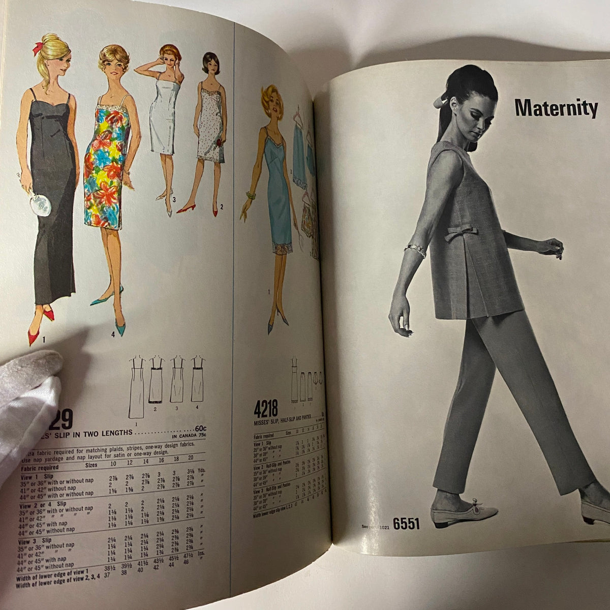 1967 January Simplicity Catalog illustrating elegant dresses and maternity patterns with diverse styles and color options for modernizing 1960s fashion.