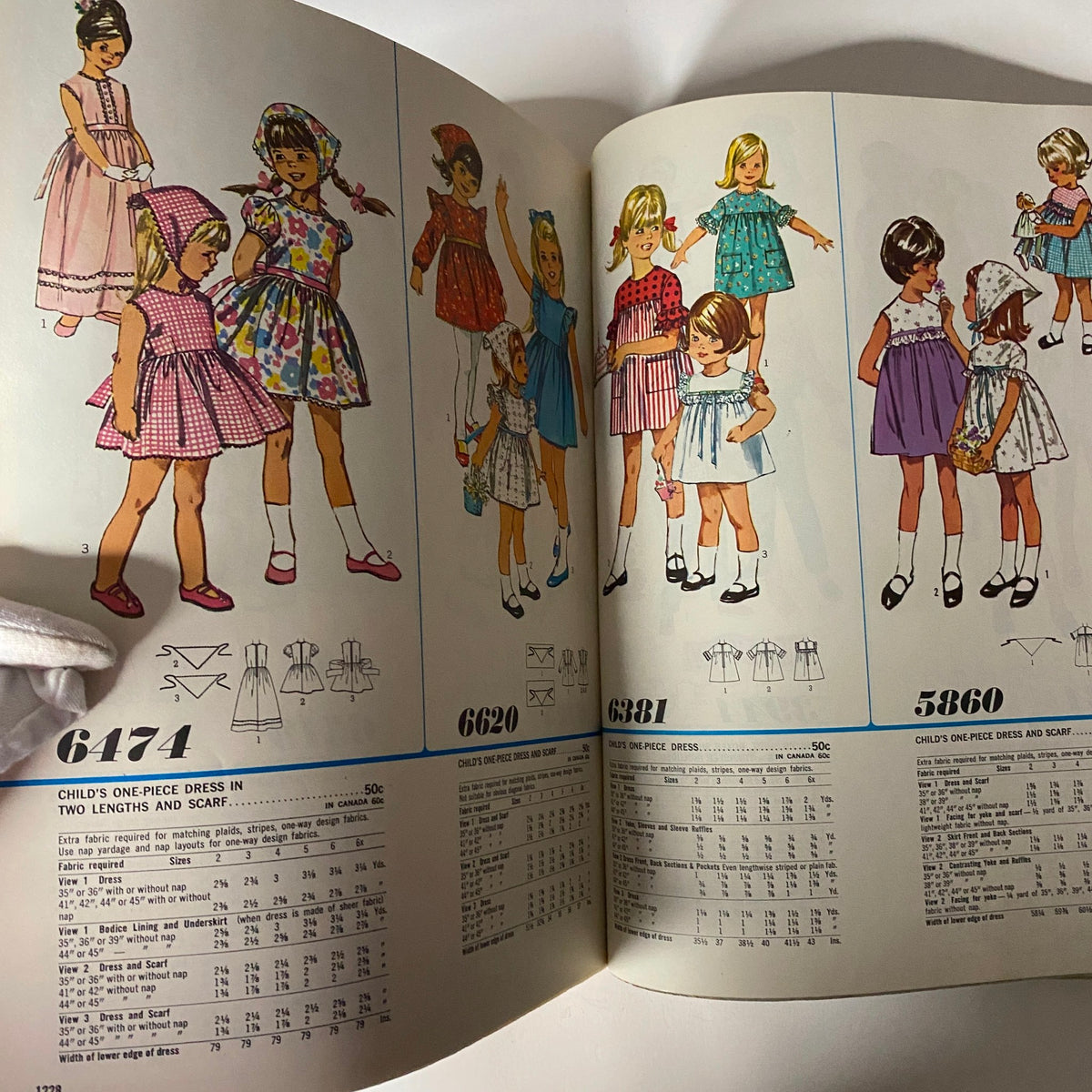 1967 January Simplicity Catalog showcasing children’s sewing patterns including dresses for girls, featuring items 6474, 6620, 6381, and 5860 in a vintage magazine format.