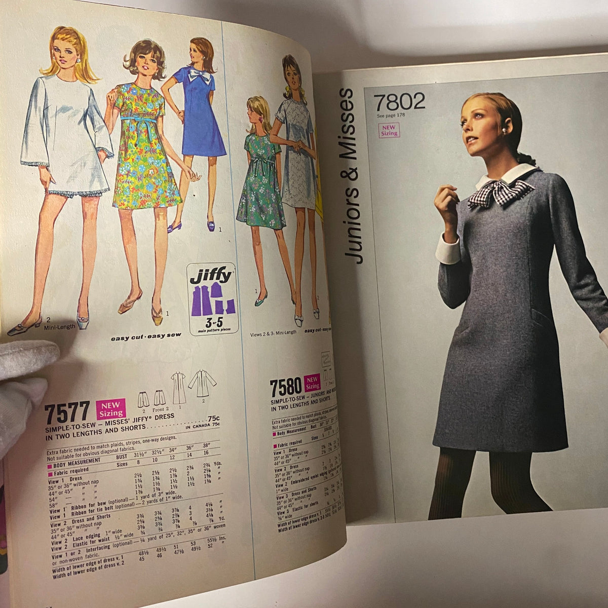 1968 September Simplicity Catalog page displaying Jiffy sewing patterns for easy sew dresses suitable for juniors and misses, highlighting fun and casual styles.