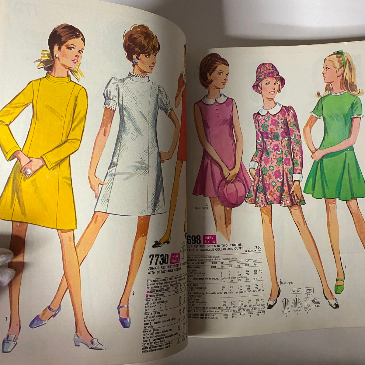 1968 September Simplicity Catalog page showcasing various dress styles for juniors, including bold and patterned designs popular during the 1960s.