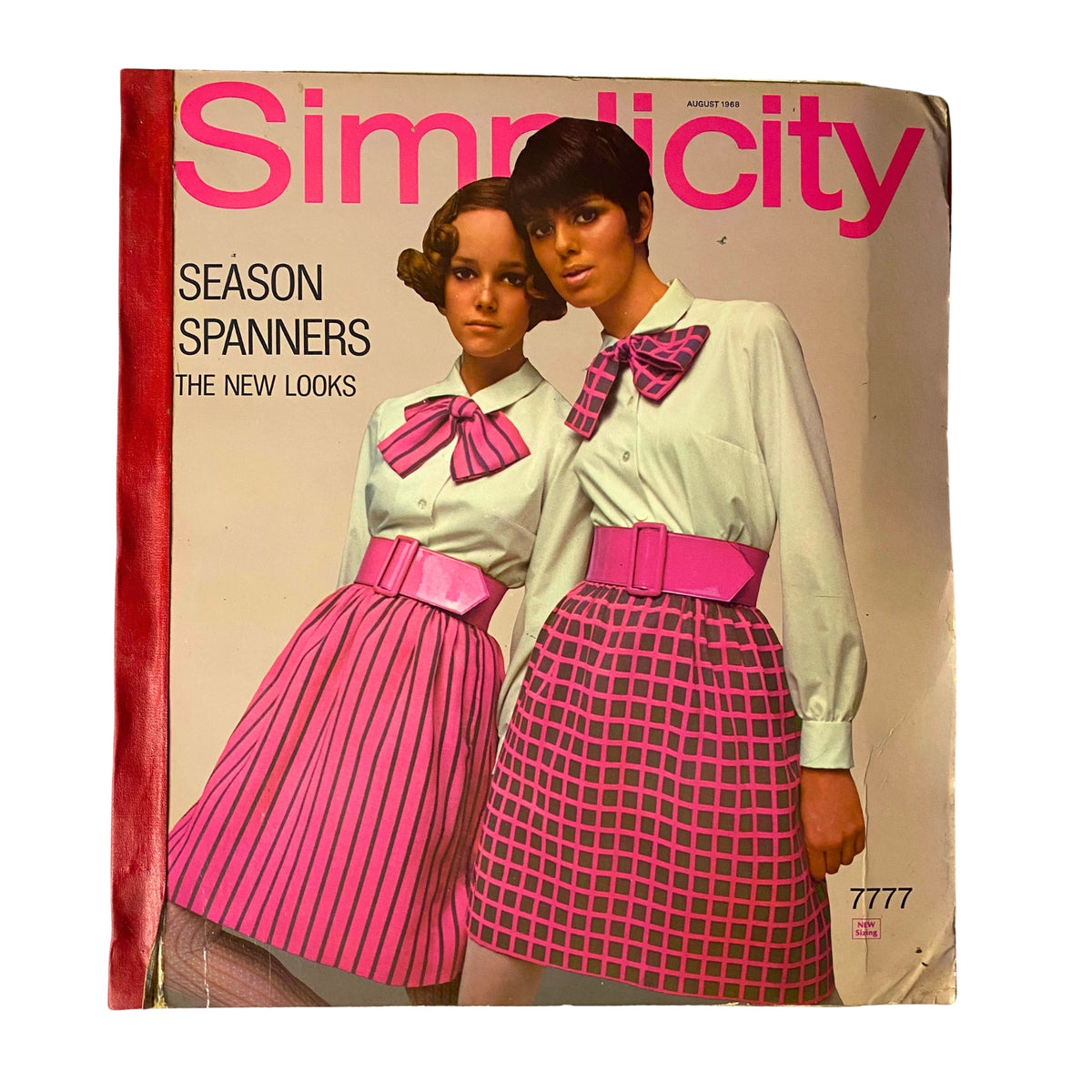 1968 August Simplicity Catalog featuring two models in stylish outfits including a blouse with a large bow and a checkered skirt, showcasing the latest fashion trends from that era.