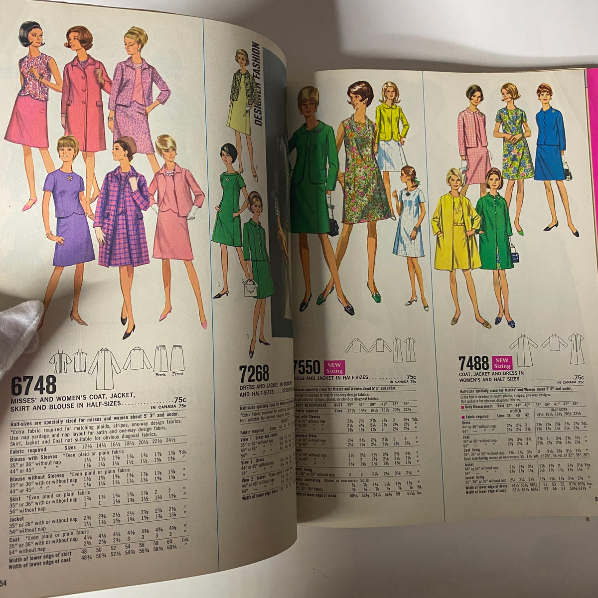 1968 August Simplicity Catalog Sewing Pattern presenting a variety of skirts, jackets, and dresses in half-sizes, reflecting the contemporary fashion of the late 1960s.