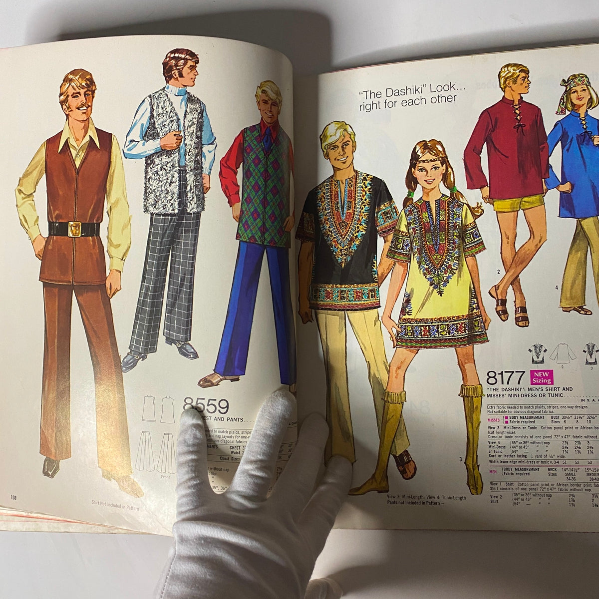 1969 Simplicity Holiday Catalog presenting a vibrant fashion spread featuring men's and women's clothing styles from the era.