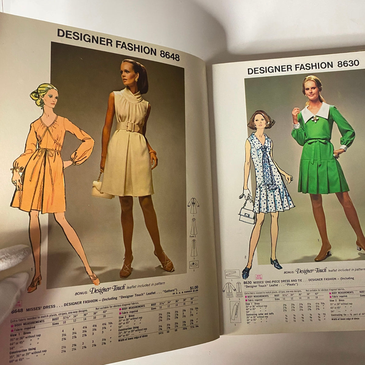 1969 February Simplicity Spring Catalog showcasing Designer Fashion styles, featuring two elegant dresses and their patterns details.