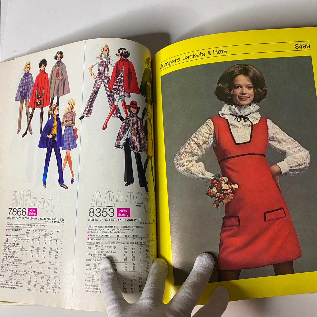 1969 February Simplicity Spring Catalog illustrating an array of jumpers, jackets, and hats, showcasing vibrant 1960s fashion trends.