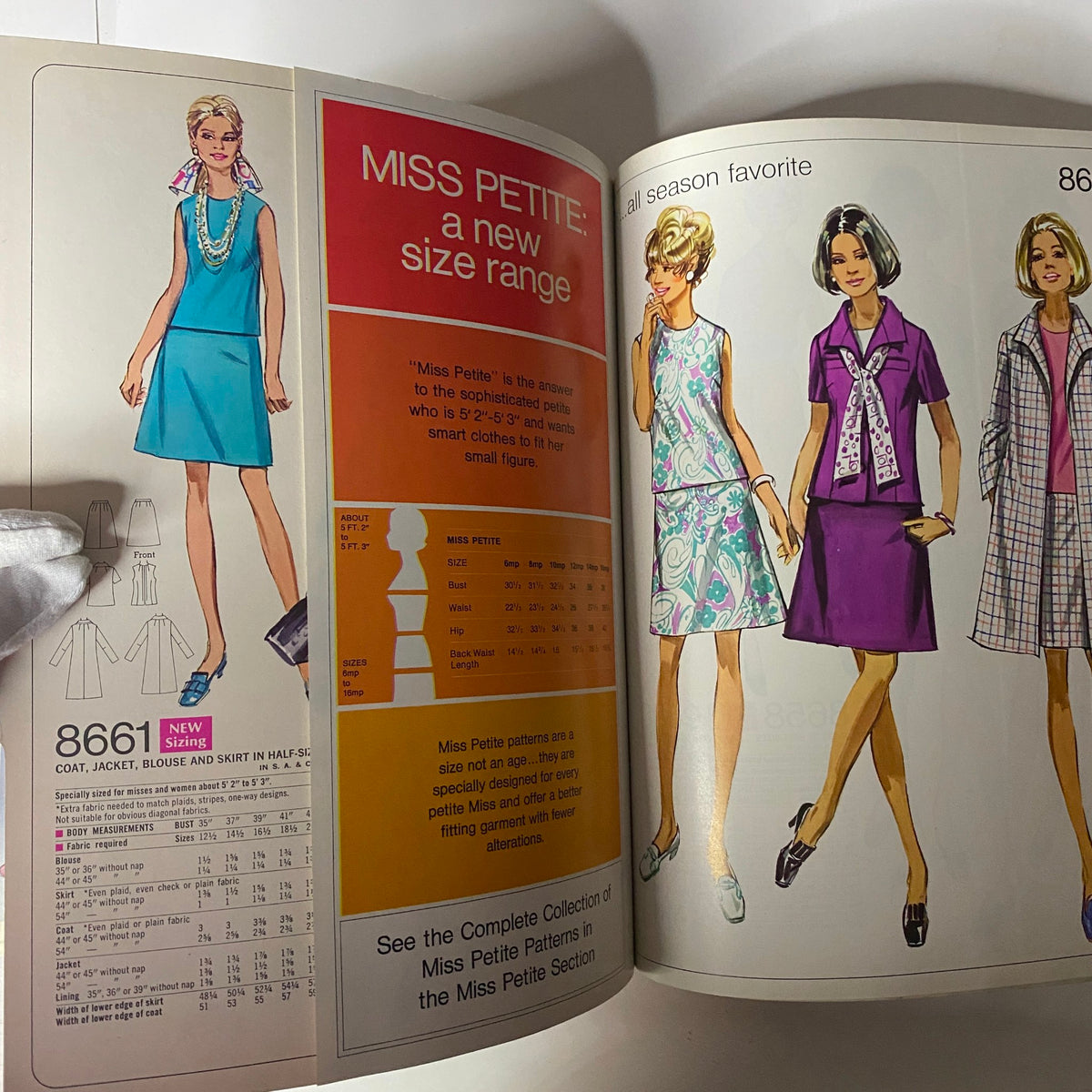 1969 February Simplicity Spring Catalog Sewing Pattern featuring Miss Petite designs, including stylish dresses and blouses tailored for petite sizes.