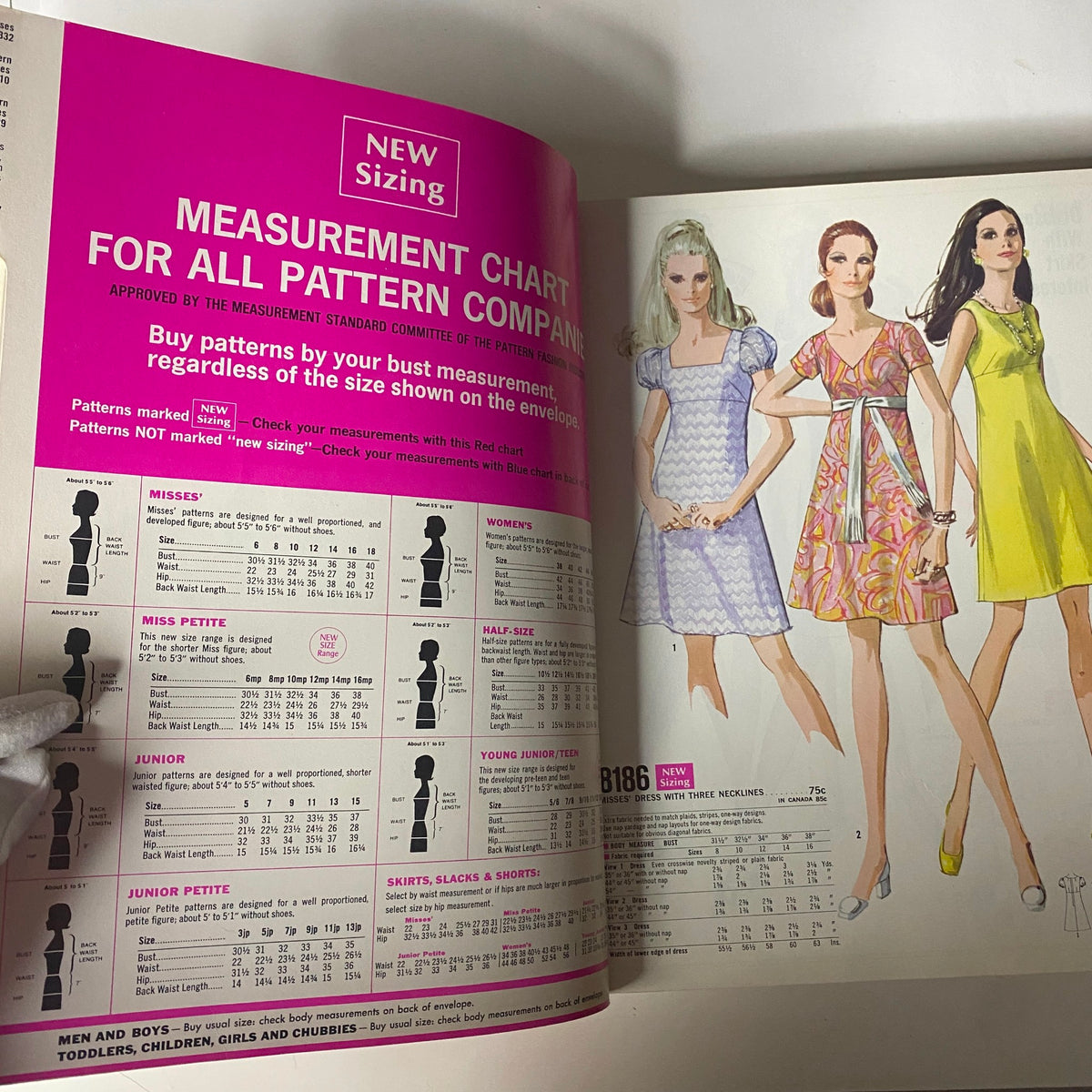 Page from the 1969 May Simplicity Catalog featuring a new sizing measurement chart for sewing patterns, illustrated with three models dressed in various fashionable outfits, emphasizing the importance of accurate measurements.