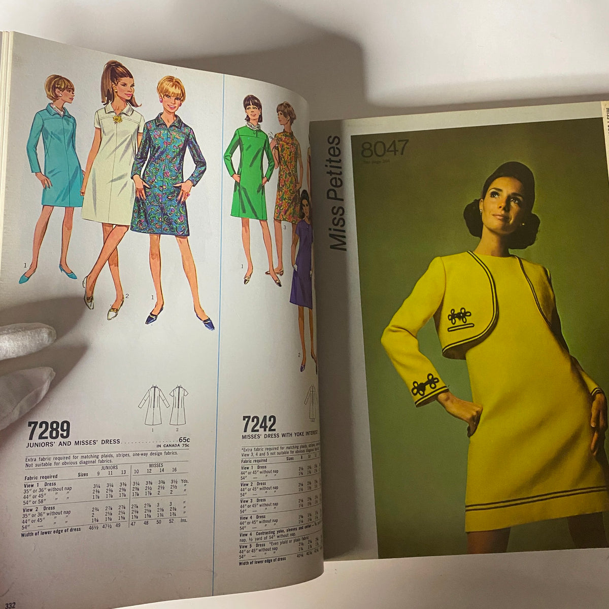 Interior page of the 1969 May Simplicity Catalog displaying patterns for misses' dresses, featuring fashionable styles and pattern numbers 7289 and 7242, capturing the essence of 1960s fashion.