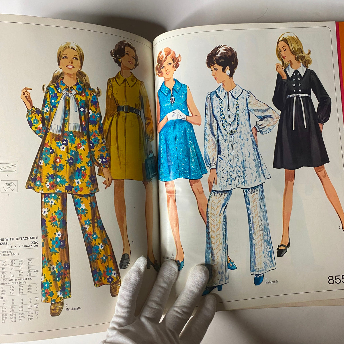 Illustration from the 1970 March Simplicity Spring Catalog featuring vibrant outfit designs including a floral pattern, demonstrating trendy sewing patterns for women from the early 1970s.