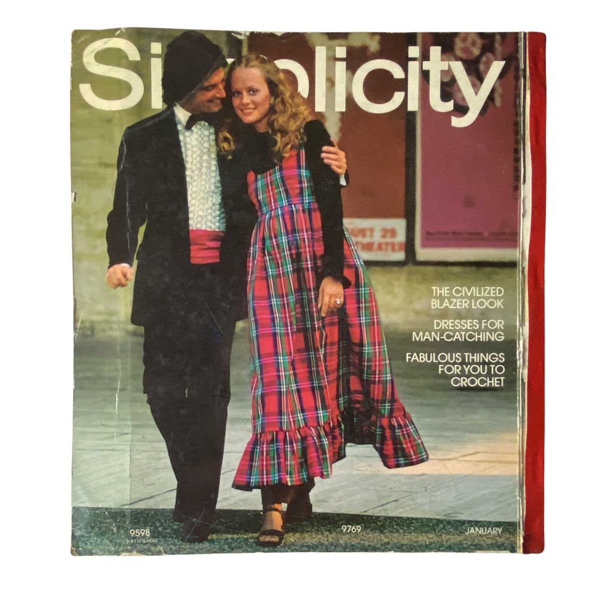 1971 January Simplicity Catalog cover showcasing a fashionable couple in stylish attire, representing the fashion trends of the early 1970s.