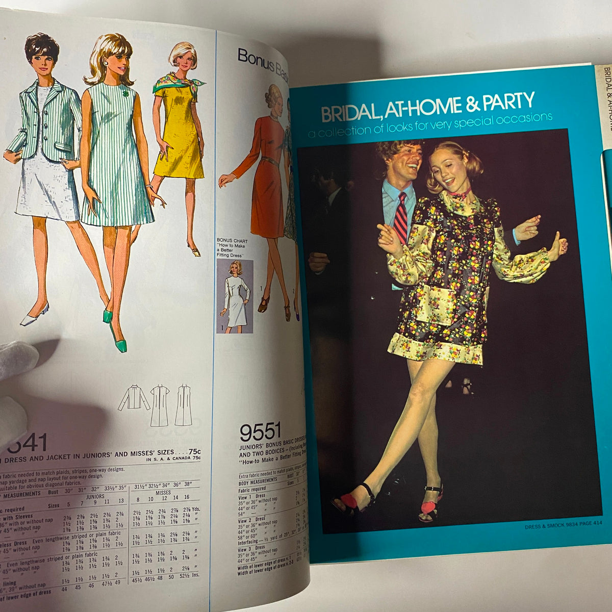 1972 April Simplicity Spring Catalog showcasing fashion illustrations of dresses, including a collection for bridal and party occasions. Features vibrant styles from the early '70s.
