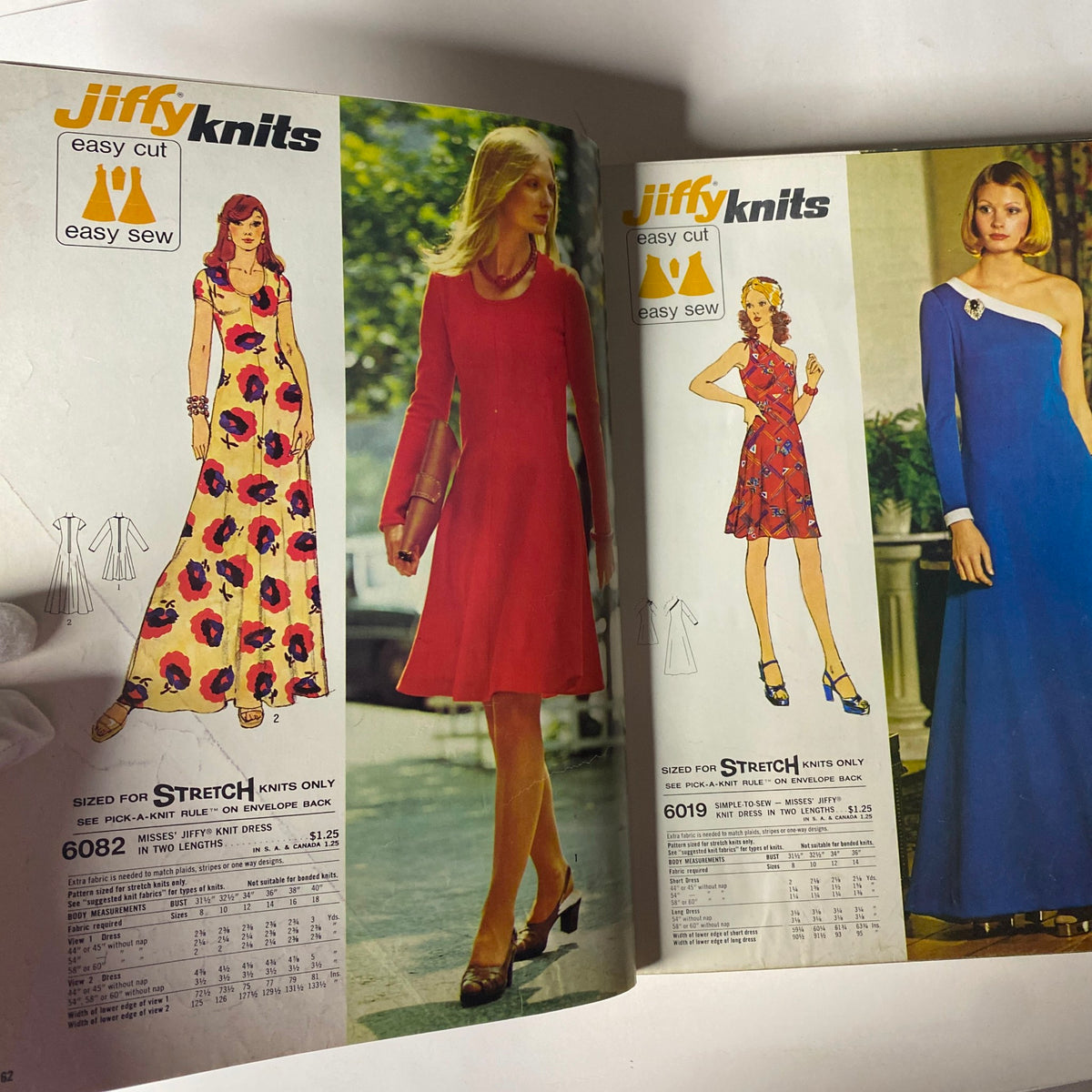 Illustration of Jiffy Knits patterns in the 1973 January Simplicity Catalog, displaying easy-to-sew dresses in vibrant colors, perfect for contemporary fashion trends.