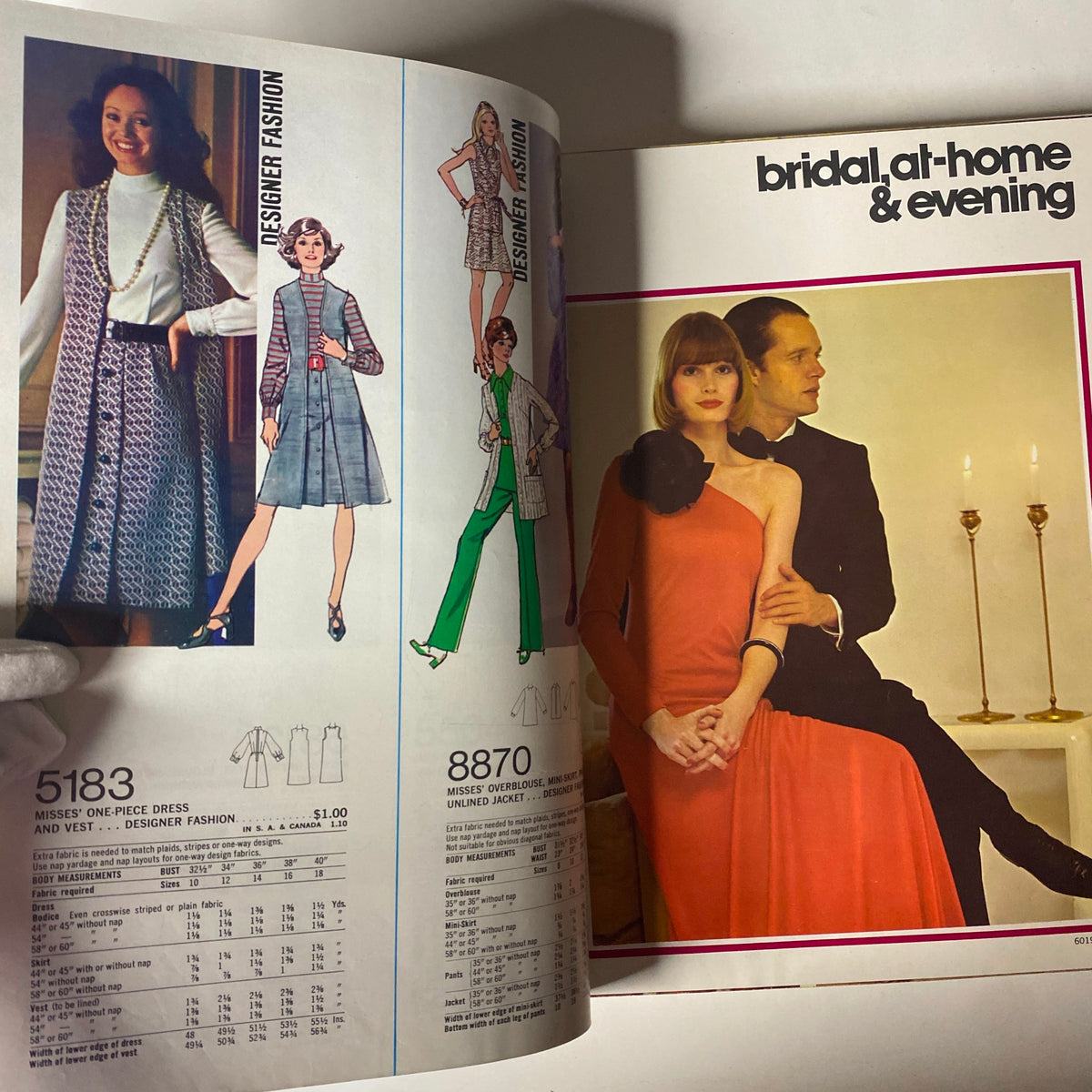 1973 January Simplicity Catalog displaying elegant evening and bridal fashion patterns alongside casual dress styles for women.