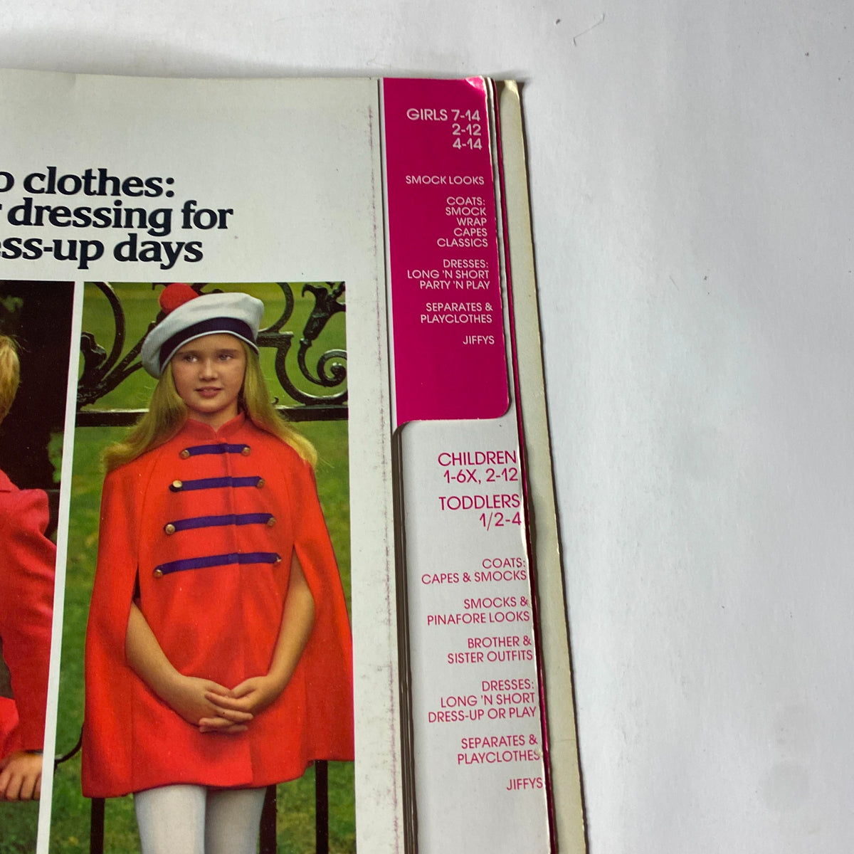 Close-up of the 1973 Simplicity Spring and Summer Catalog, highlighting detailed vintage children's clothing styles and sizing information.