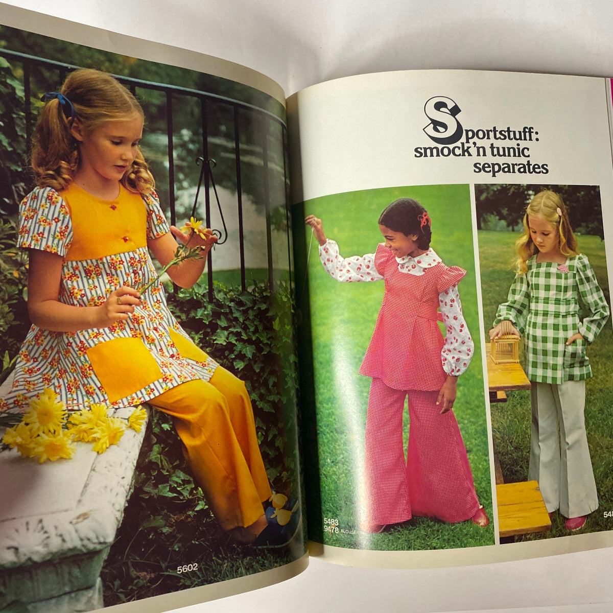 1973 Simplicity Spring and Summer Catalog featuring girls in colorful smock and tunic separates, emphasizing playful spring styling.