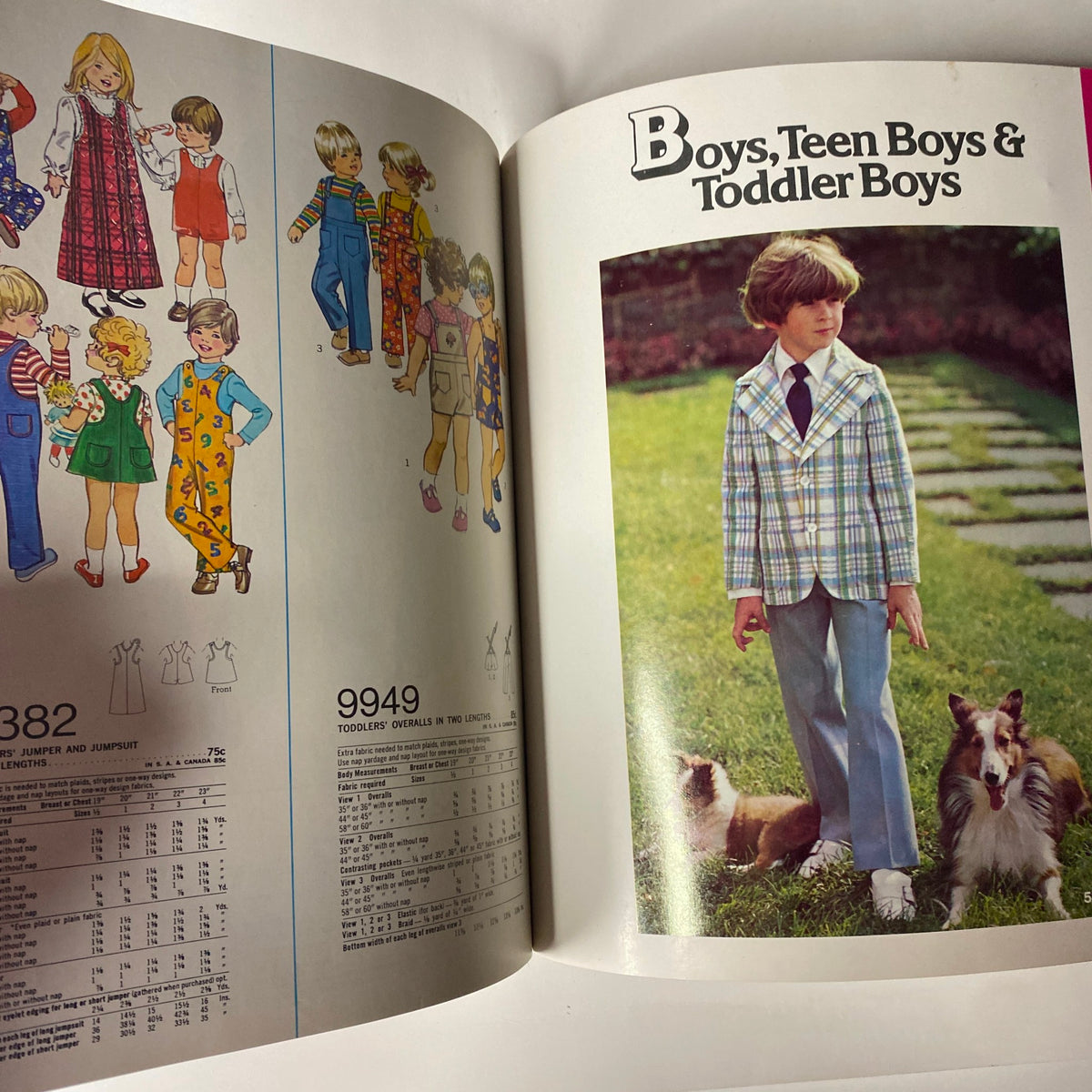 1973 Simplicity Spring and Summer Catalog presenting a variety of boys' fashion including overalls and stylish blazer looks for toddlers and young boys.