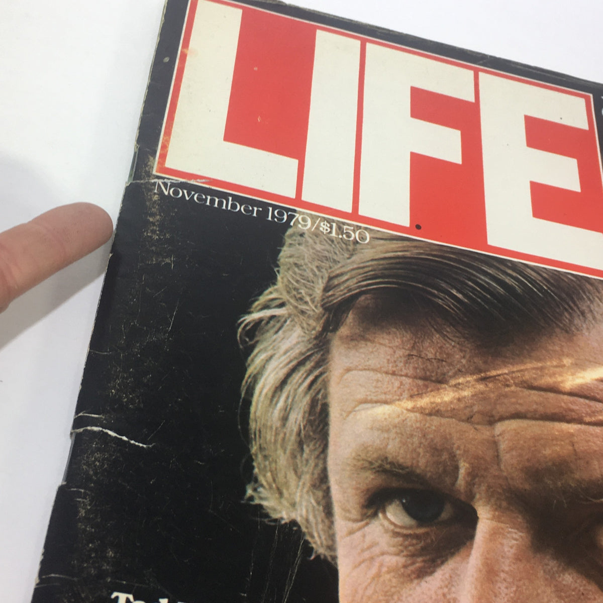 Detailed view of the top of the cover of Vintage Life Magazine, November 1979, showing Ted Kennedy, the magazine's title, and date.