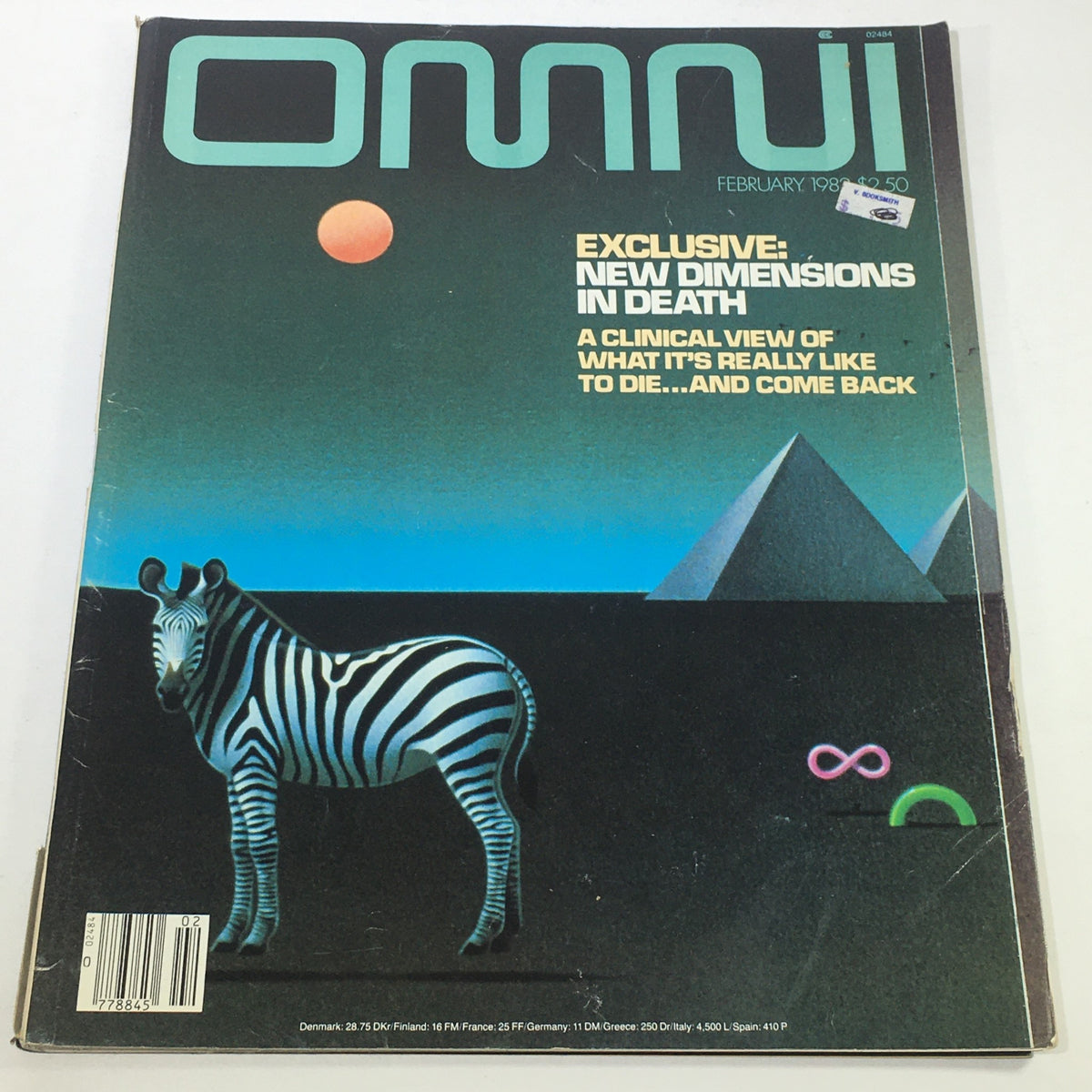 Cover of VTG Omni Magazine: February 1982 featuring exclusive article 'New Dimensions In Death' with vibrant illustration of a zebra and geometric shapes.
