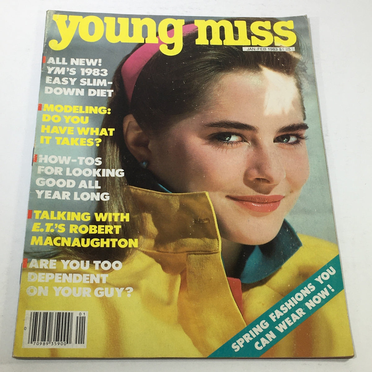 Cover of VTG Young Miss Magazine: January-February 1983 featuring spring fashions, showing a smiling young woman wearing a colorful outfit and headband, and highlighting headlines related to modeling and fashion tips.