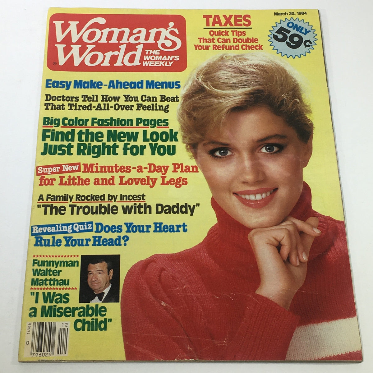 Cover of VTG Woman's World Magazine: March 20, 1984 featuring Funnyman Walter Matthau. The magazine highlights articles on easy make-ahead menus, fashion pages, a family story titled 'The Trouble with Daddy', and a revealing quiz. It displays a smiling woman in a red turtleneck sweater, with various text and a price of 59 cents.