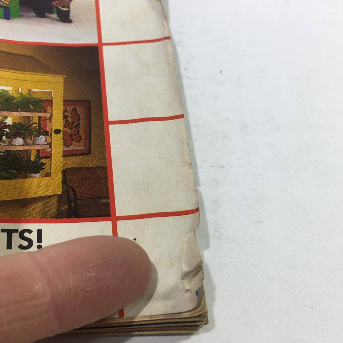 Close-up view of the corner of the VTG Better Homes and Gardens Catalog: July 1981 showing a yellow cabinet with plants, highlighting DIY tips and projects.