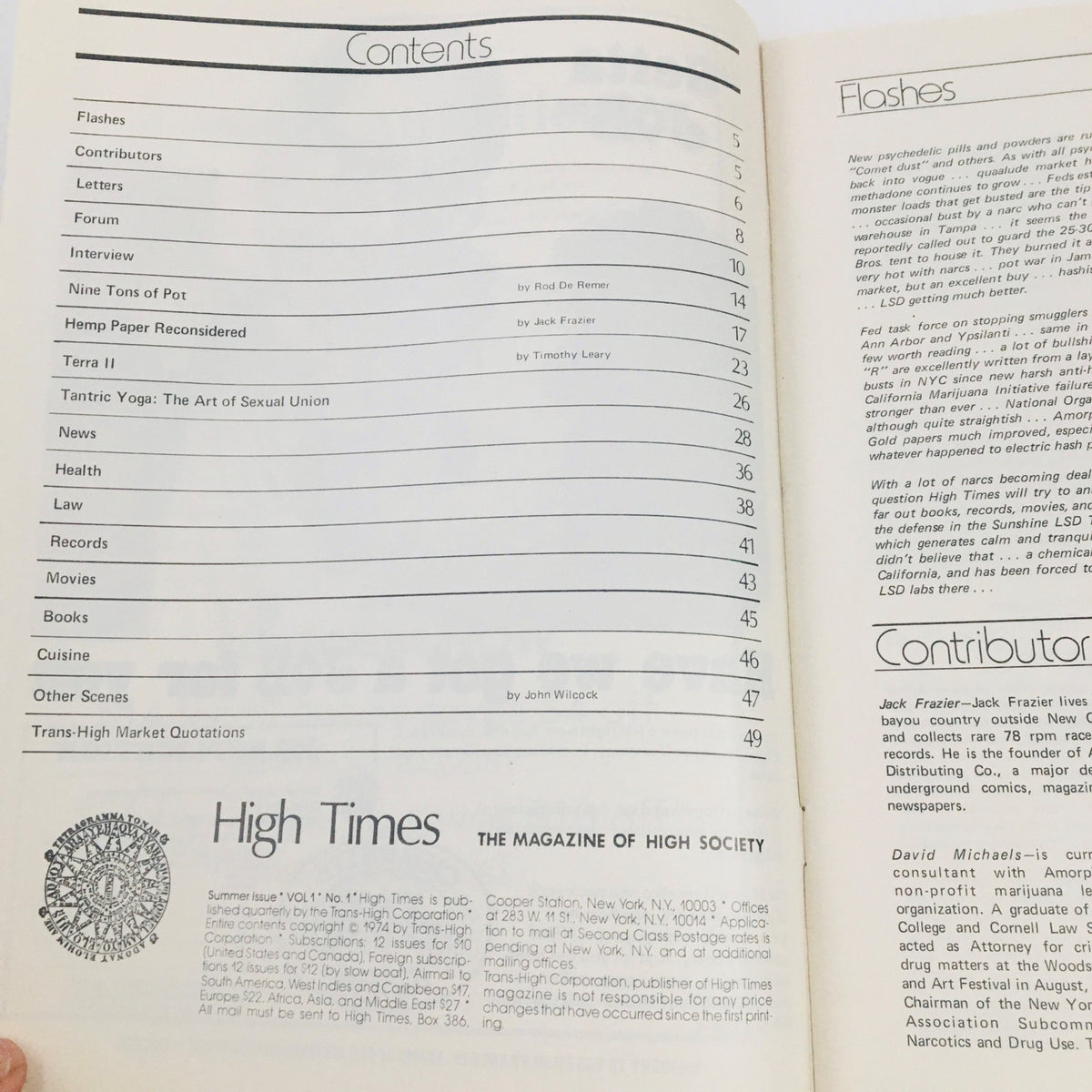 Contents page of High Times Magazine 1974 Vol. 1 #1 featuring articles including 'Hemp Paper Reconsidered' and various topics related to cannabis culture.