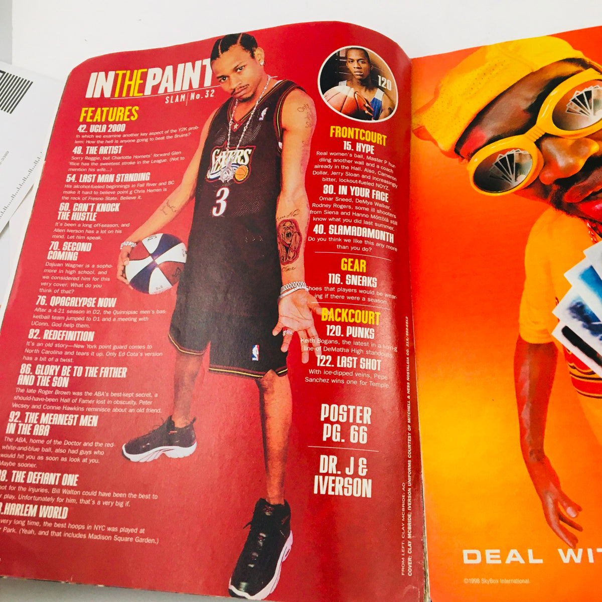 Interior page of Slam Magazine March 1999 showcasing Allen Iverson with a basketball and feature list, celebrating basketball culture.