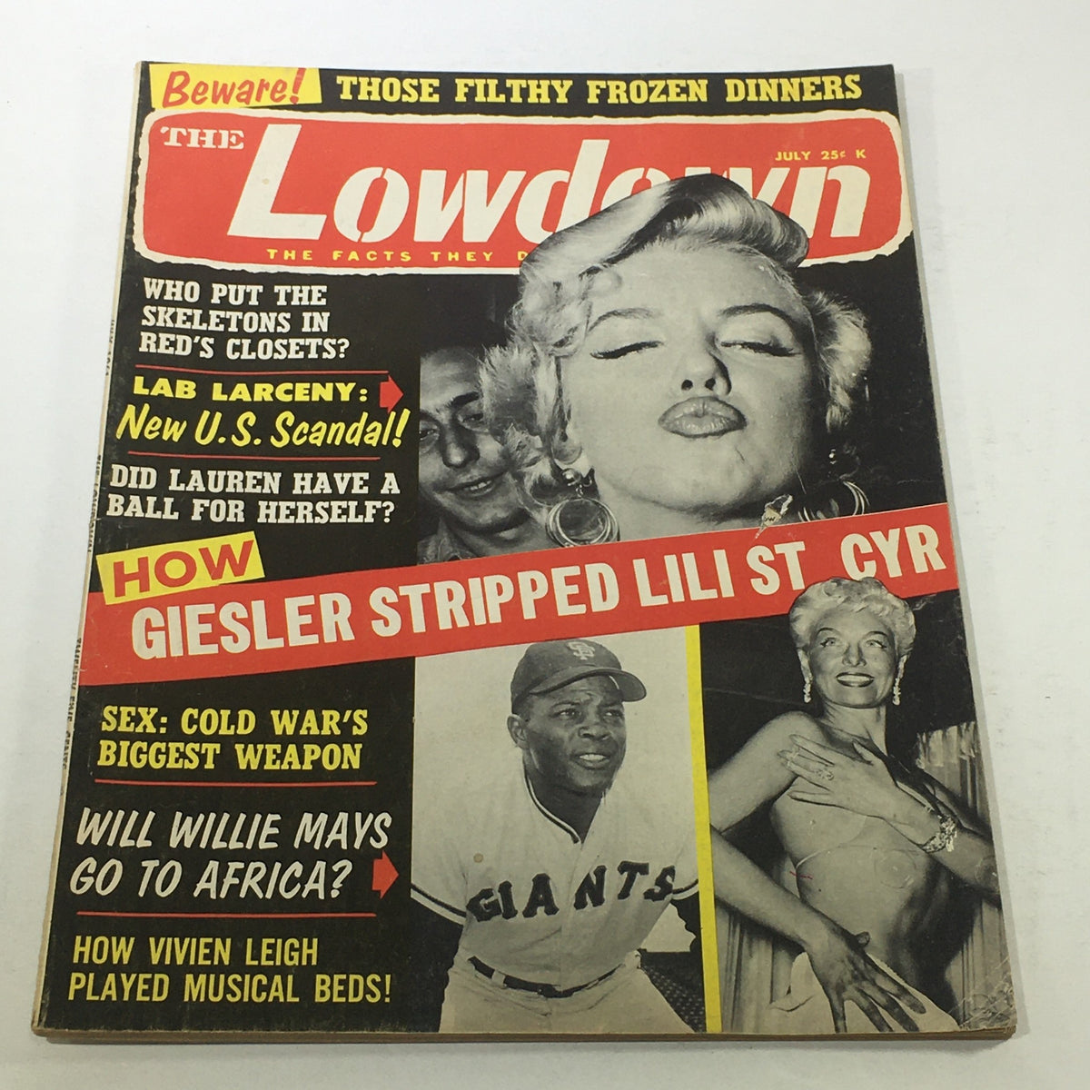 Cover of The Lowdown Magazine from July 1961 featuring headlines alongside images of Marilyn Monroe, Willie Mays, and Vivien Leigh, showcasing the culture and icons of the early 1960s.