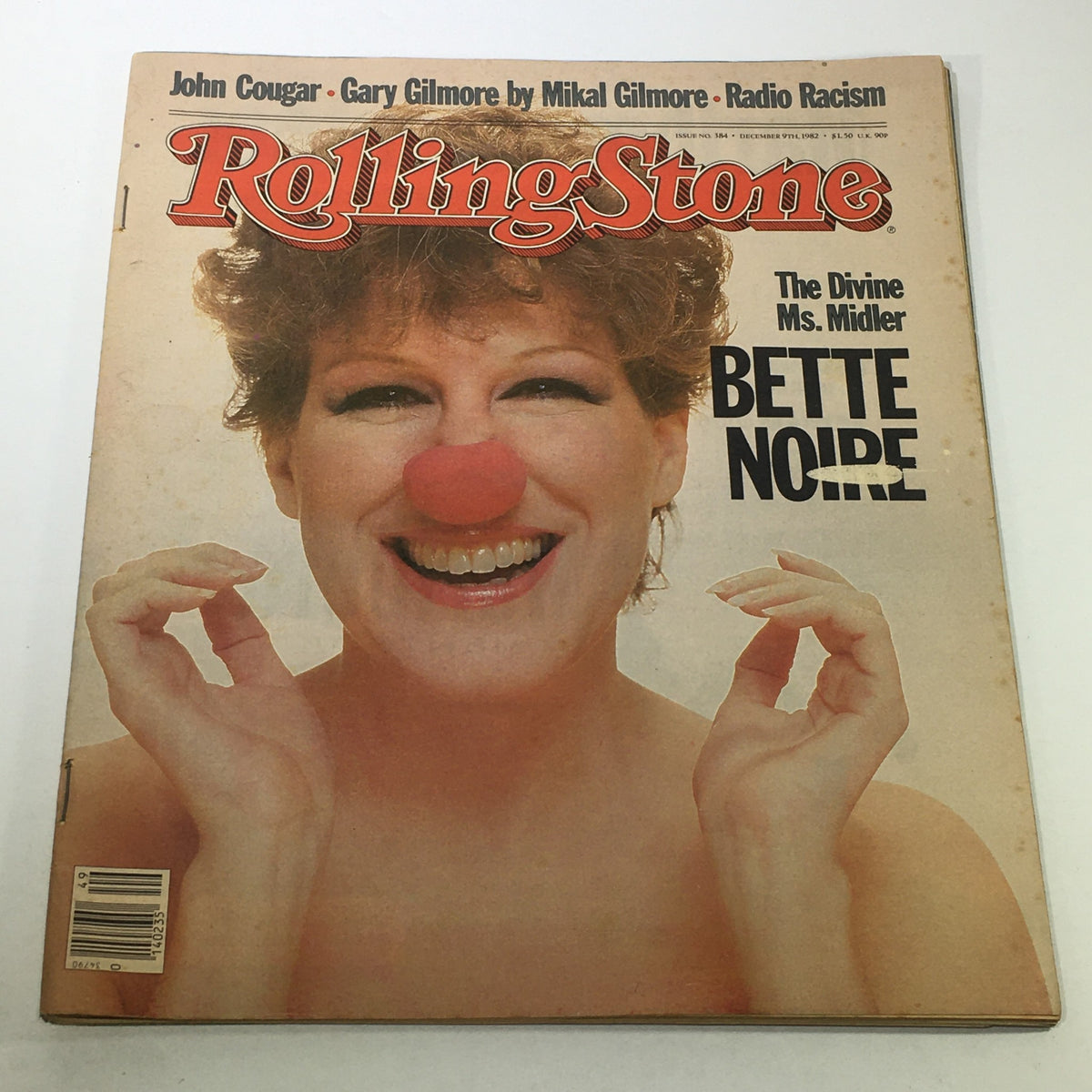 Vintage Rolling Stone Magazine cover from December 9, 1982 featuring Bette Midler, known as The Divine Ms. M. The cover showcases her smiling with a clown nose, representative of her iconic persona and the playful spirit of the 1980s entertainment culture.