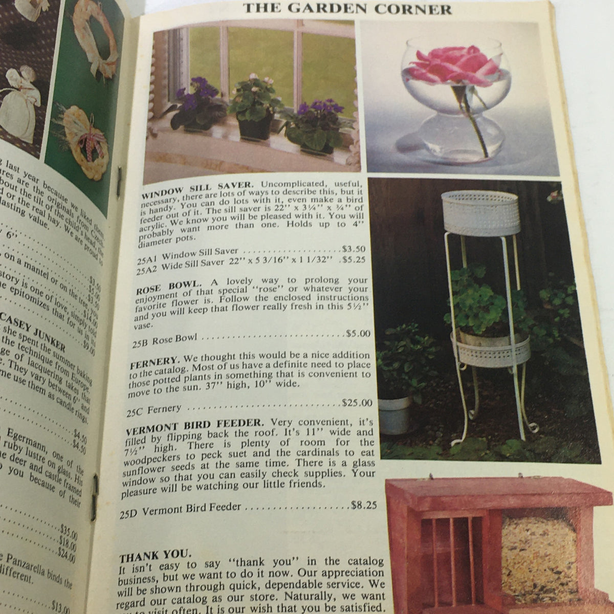 VTG Vermont Village Shops Catalog 1976-1977 page featuring garden items like a window sill saver, rose bowl, and a fernery. A showcase of vintage home and garden decor from Bennington, Vermont.