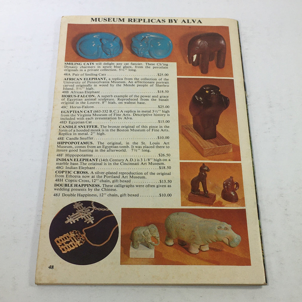 VTG Vermont Village Shops Catalog 1976-1977 page displaying museum replicas by Alva, including wooden animal sculptures and decorative items. Highlighting unique collectibles from the vintage era of Bennington, Vermont.