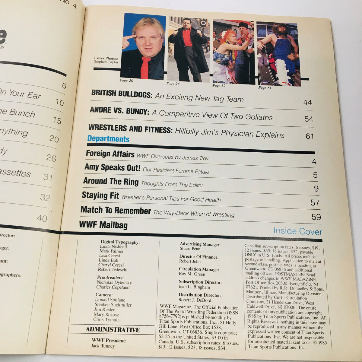WWF Magazine August 1985 inside cover listing additional articles and features, including British Bulldogs and Andre vs. Bundy, related to wrestling and pop culture.