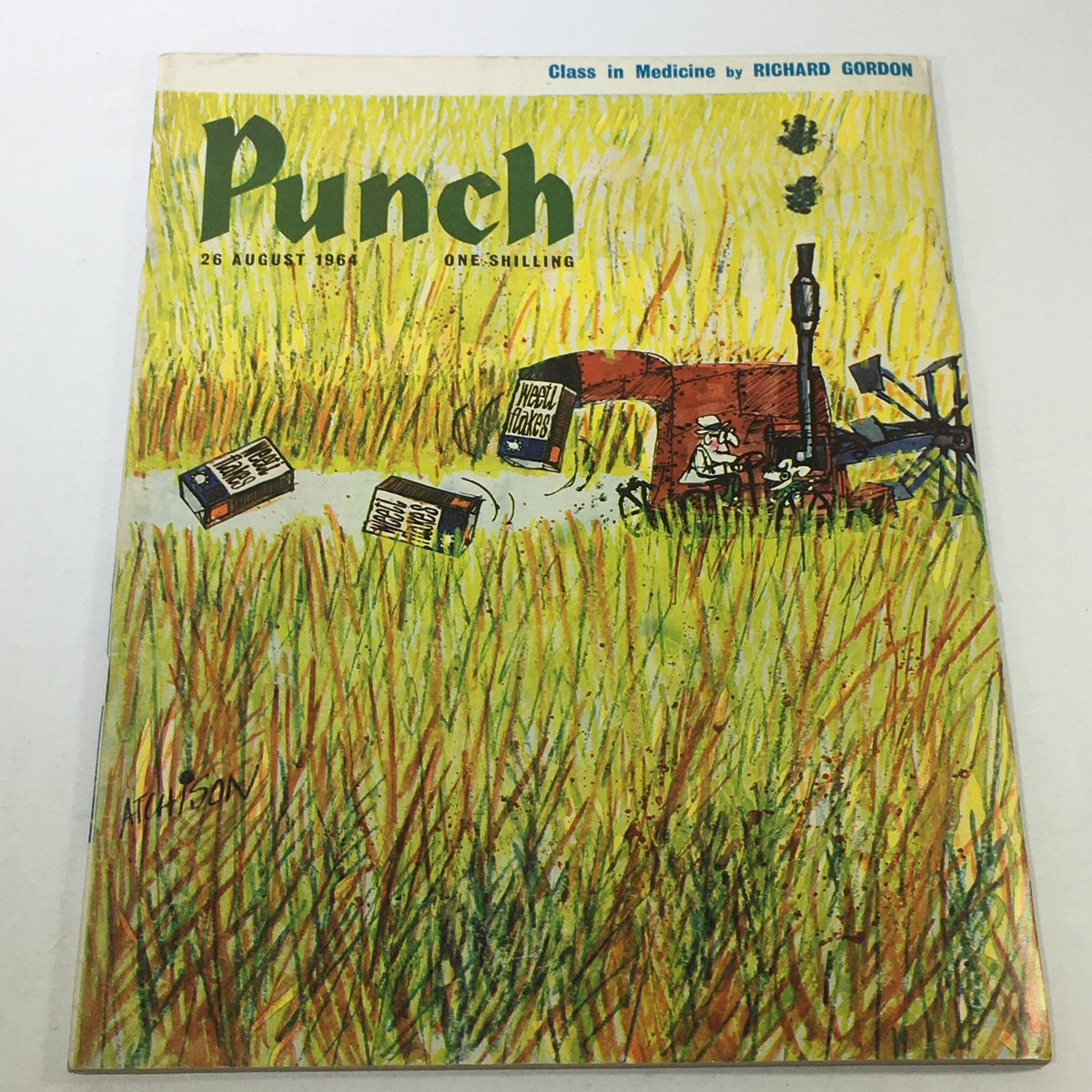 Vintage Punch Magazine cover from August 26, 1964, featuring the article 'Class In Medicine' by Richard Gordon, illustrated with a vibrant scene in a field with a tractor and humorous elements, perfect for collectors and nostalgia enthusiasts.
