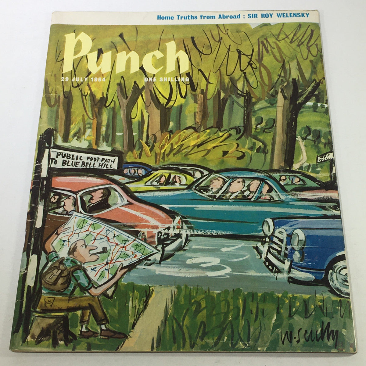 Vintage Punch Magazine cover from July 29, 1964, featuring the title 'Home Truths from Abroad' by Sir Roy Welensky, showcasing an illustration with cars and a man studying a map in a scenic outdoor setting.