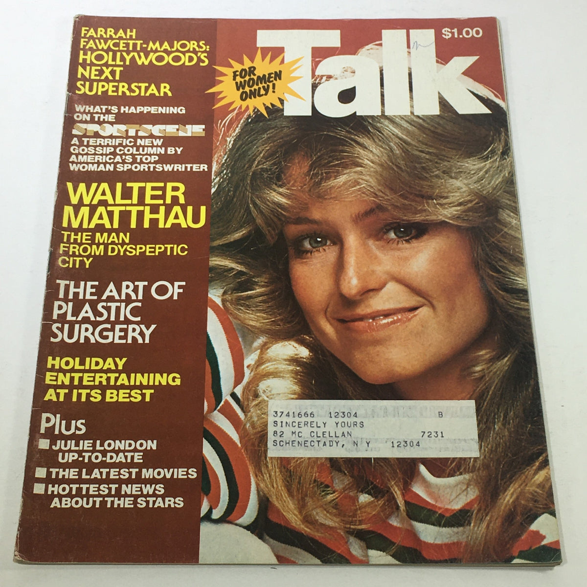 Cover of the November 1976 issue of Talk Magazine featuring Farrah Fawcett Majors, highlighting her as Hollywood's next superstar. The cover includes text about featured articles and a price tag of $1.00.