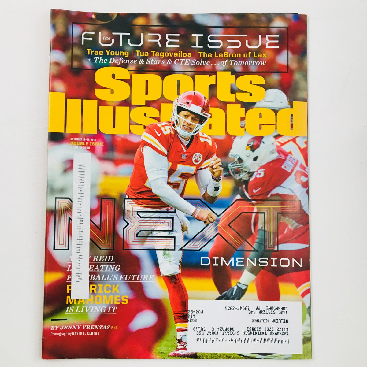 Cover of Sports Illustrated Magazine dated November 19, 2018 featuring Patrick Mahomes and Trae Young, highlighting the theme 'NEXT DIMENSION' and showcasing Mahomes in action.