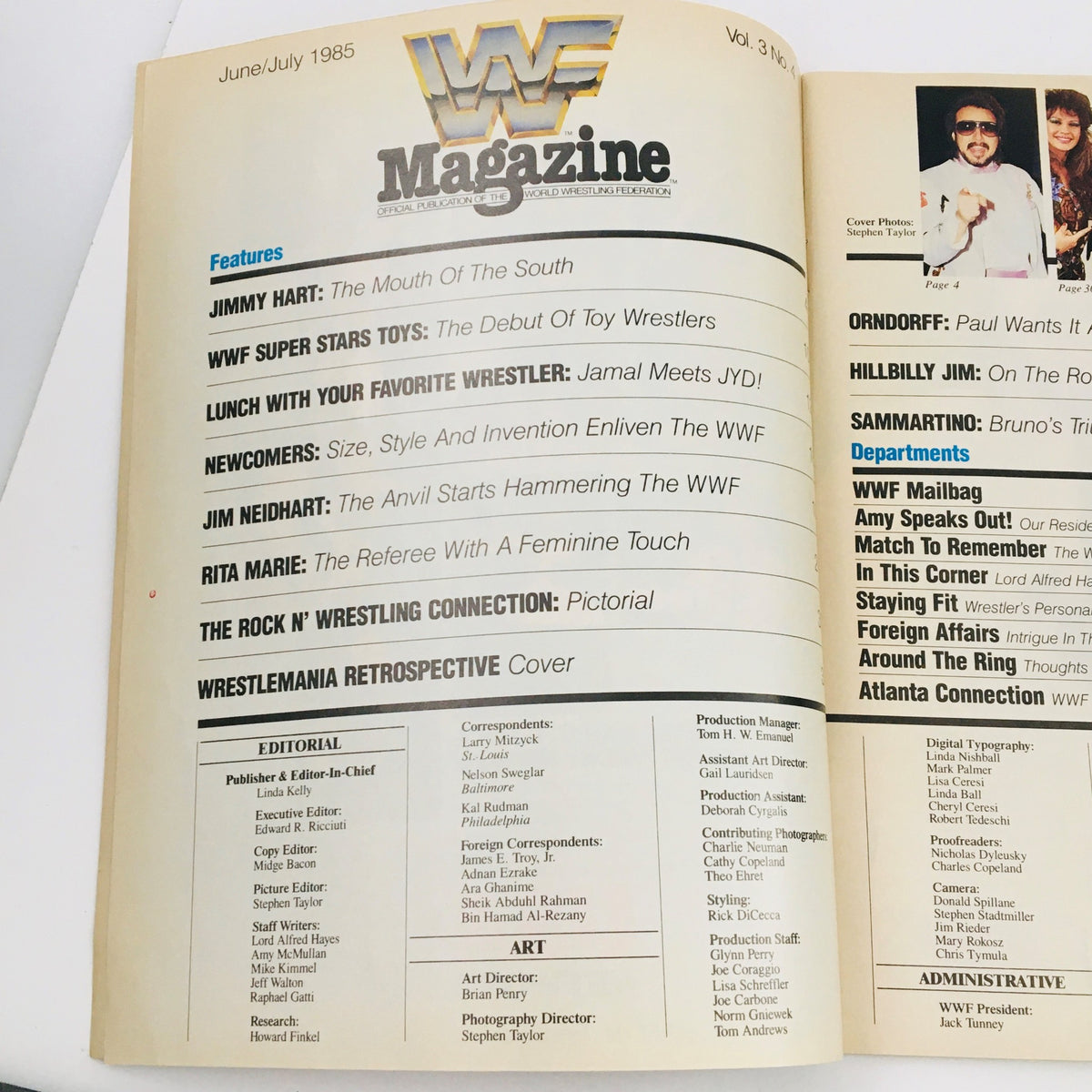 Inside page of WWF Magazine June 1985, detailing features like 'JIMMY HART: The Mouth Of The South' and 'WRESTLEMANIA RETROSPECTIVE', highlighting wrestling content and editorial details.