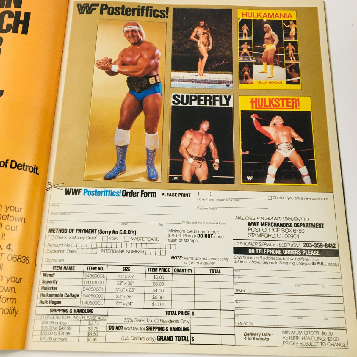 WWF Magazine June 1985, 'Posteriffic!' order form including images of Hulk Hogan, Superfly, and other wrestlers.