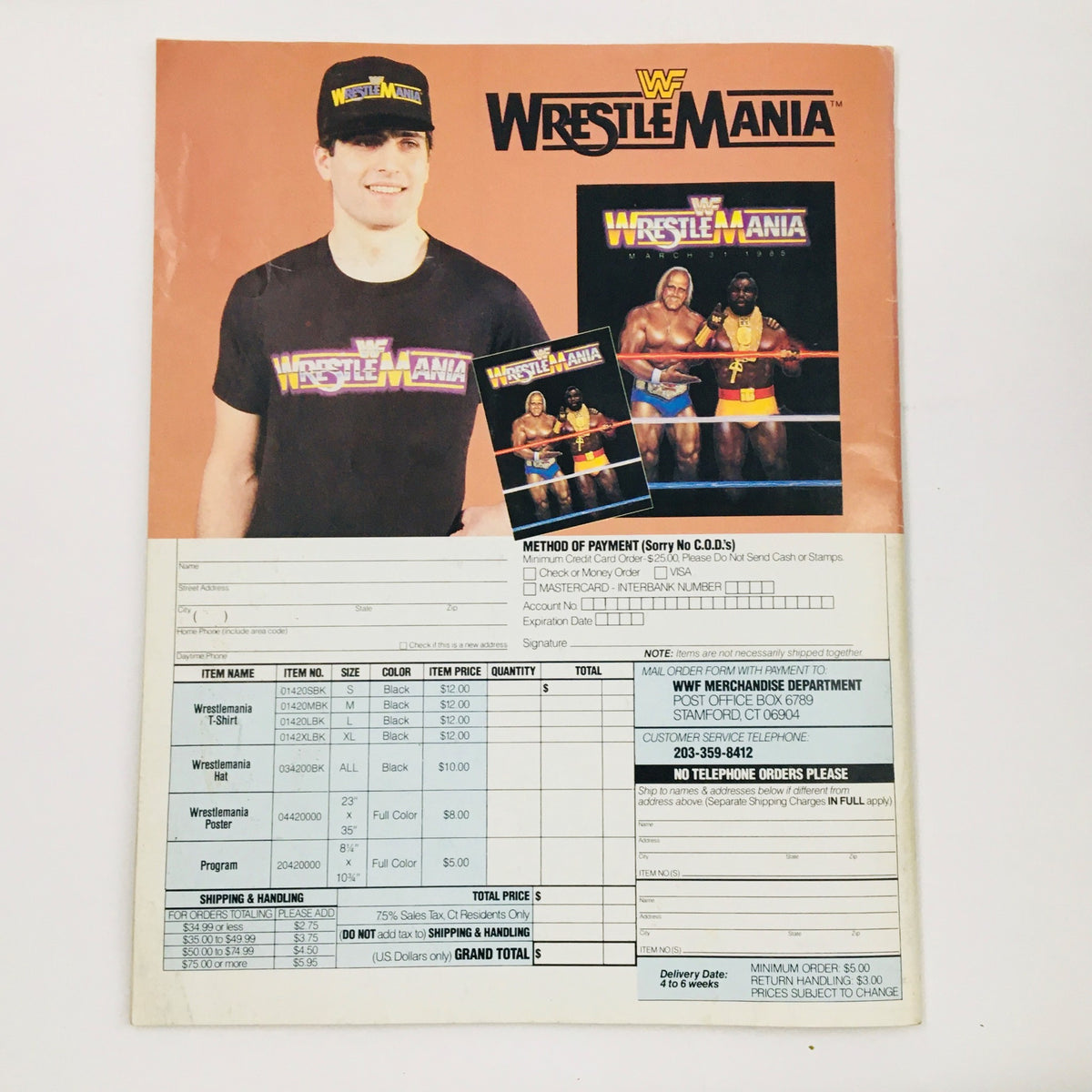 WWF Magazine June 1985, order form for WrestleMania merchandise including a photo of a model wearing a WrestleMania t-shirt.