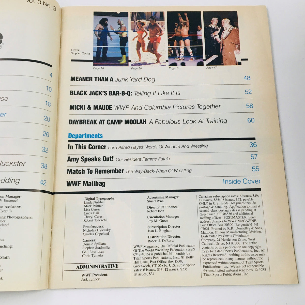 Inside cover of WWF Magazine April 1985 highlighting segments about wrestling events and notable figures like Junk Yard Dog and Black Jack.