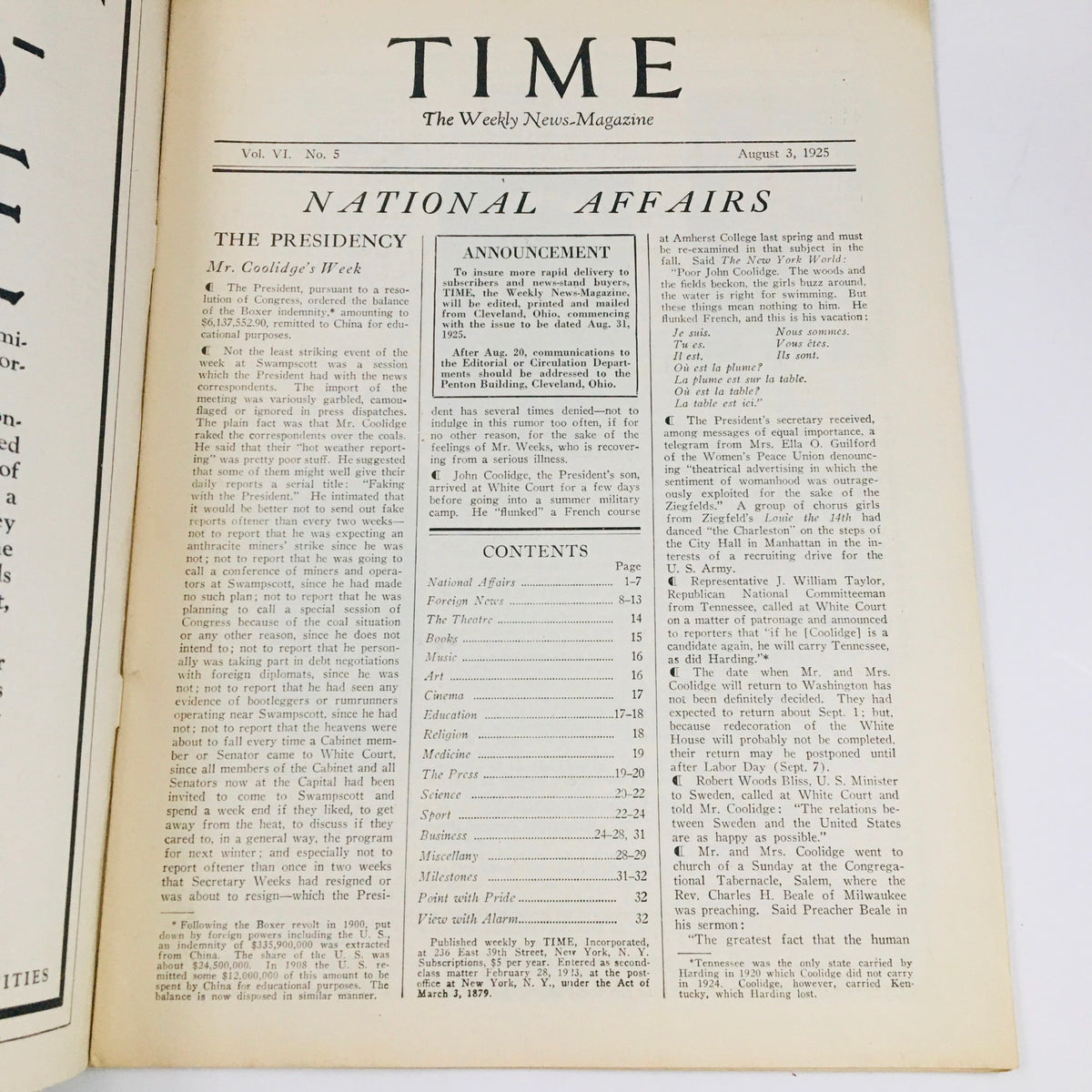Inside page of Vintage Time Magazine from August 3, 1925, featuring the table of contents and the section titled 'National Affairs' highlighting key topics of the era.