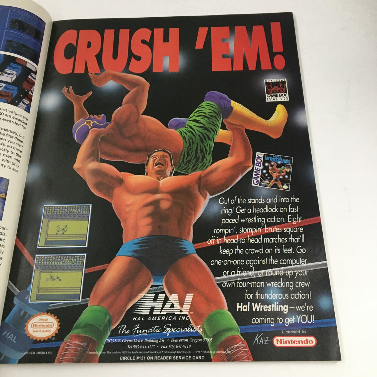 Advertisement for Crush 'Em!, a wrestling game featured in Video Games & Computer Entertainment Magazine February 1991, displaying action graphics and game description.