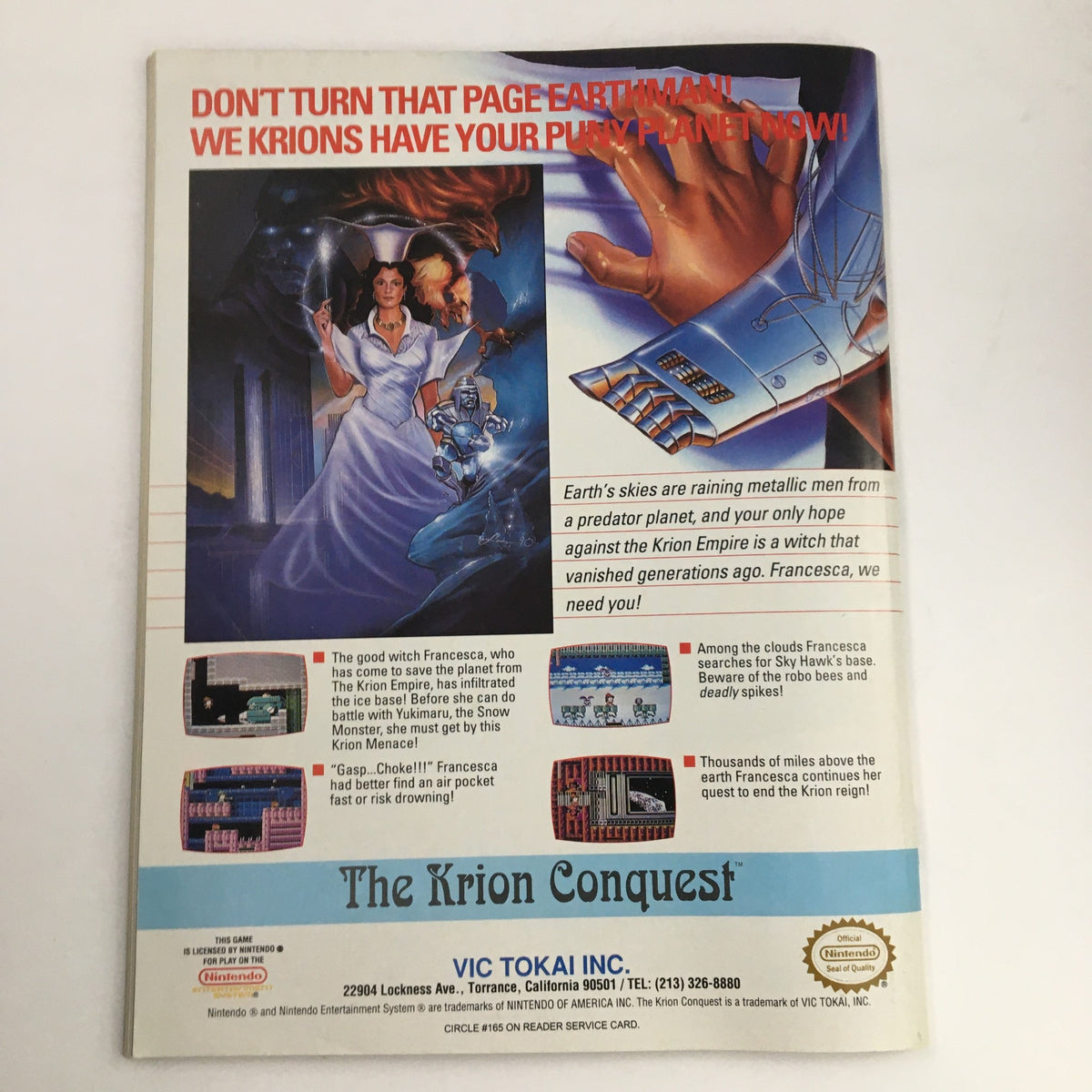 Back cover of Video Games & Computer Entertainment Magazine February 1991 featuring The Krion Conquest advertisement, showcasing artwork and game details.