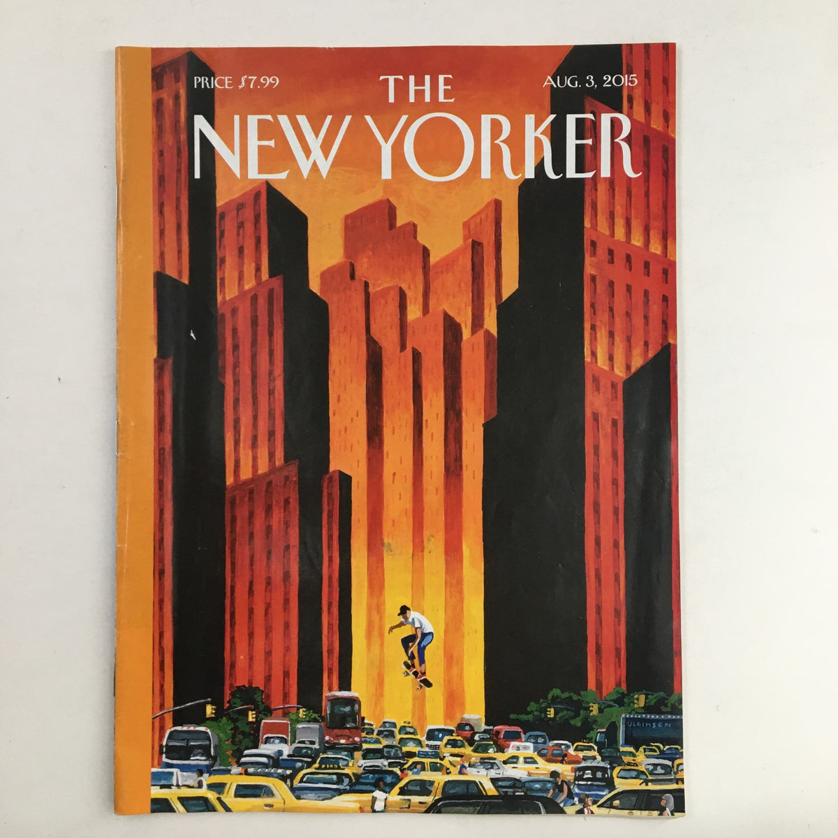 The New Yorker August 3 2015 Full Magazine Theme Cover by Mark Ulriksen featuring a vibrant urban scene with skyscrapers and a skateboarder, showcasing the artistic style representative of contemporary journalism.